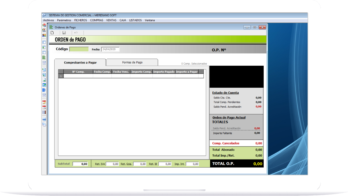 Sistema MeridianoSoft para servicios: pantalla de órdenes de pago